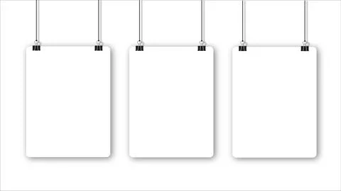 Blank poster hanging on a binder clips. A4 white paper sheet hangs on a rope Stock Illustration