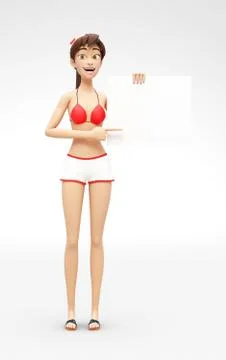 Blank Product Poster and Banner Mockup with Laughing, Happy 3D Bikini Character Stock Illustration