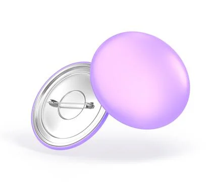Blank purple badge, pin button front and rear view 3d render. Realistic mockup Stock Illustration