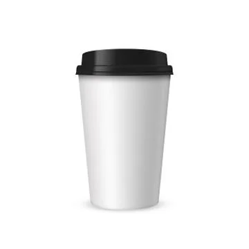 Blank realistic coffee or tea white papet cup mockup with black cover. Vector Stock Illustration