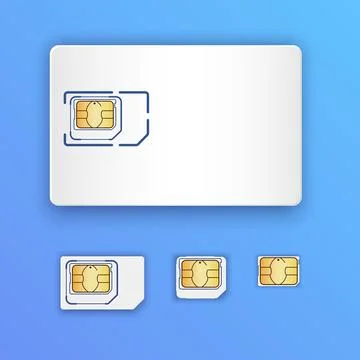 Blank realistic SIM card. Set of SIM cards. Full size, mini, micro and nano.. Stock Illustration