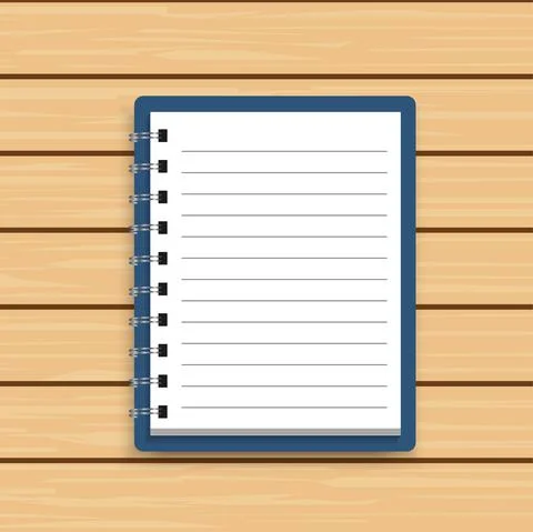 Blank realistic spiral notepad notebook on wooden background. Vector illustra Stock Illustration