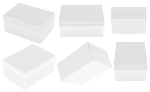Blank rectangular boxes with lids isolated in various angles. Clean white p.. Illustrazione stock