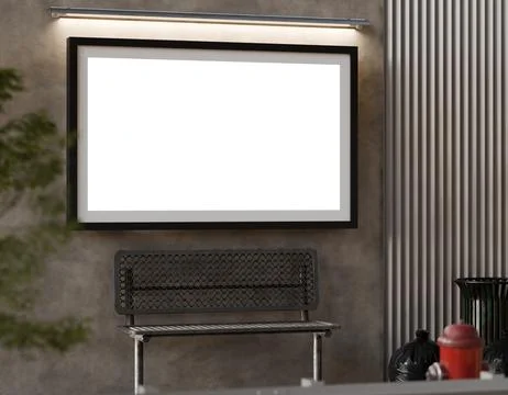 A blank rectangular framed poster hangs above a simple black metal Stock Illustration