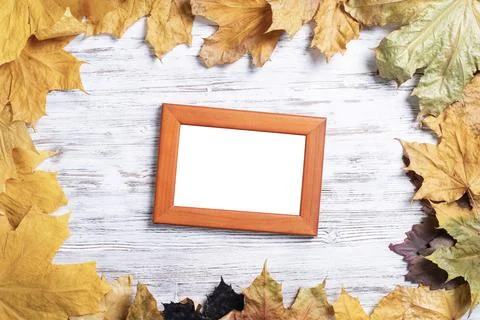 Blank rectangular photo frame on desk Stock Photos