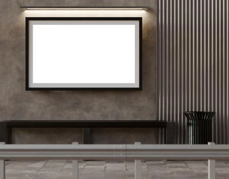 A blank rectangular poster hangs illuminated above a dark bench Stock Illustration