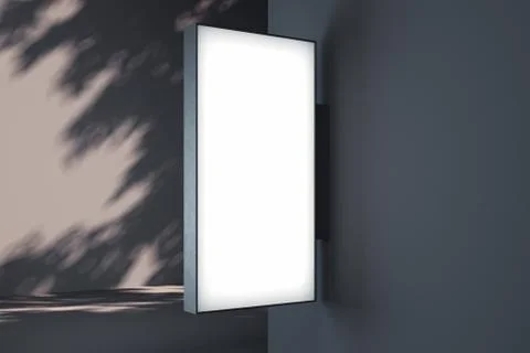 Blank rectangular store signboard. Empty shop lightbox on wall. 3d rendering. Stockillustratie