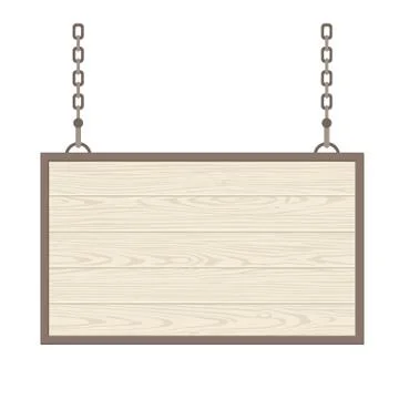 Blank rectangular wooden signboard hanging on metallic chain. Vector flat m.. Stock-Illustration