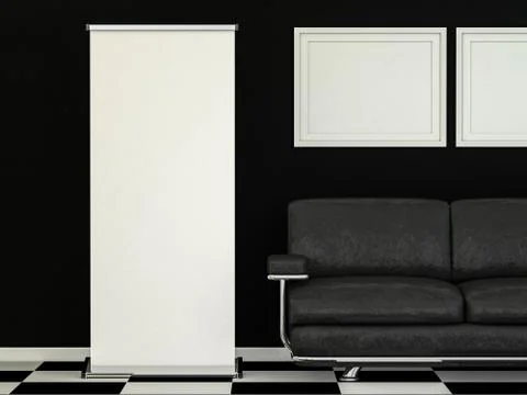 Blank roll up banner display. Template mockup. 3D Stock Illustration