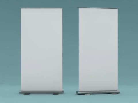 Blank roll up banner display. Template mockup. 3D Stock Photos