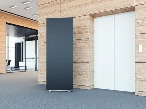 Blank roll up bunner in modern office lobby. 3d rendering Illustrazione stock