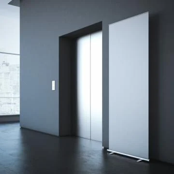 Blank roll up bunner in the office lobby . 3d rendering Illustrazione stock