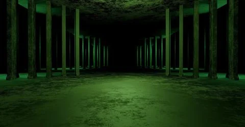 Blank Rough Rusty Club Empty Hall Dim Dark Green Product Background 3D Render イラスト素材