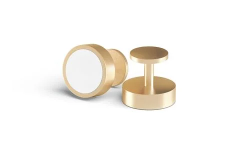 Blank round gold cufflinks stud mockup lying and stand, isolated Illustrazione stock