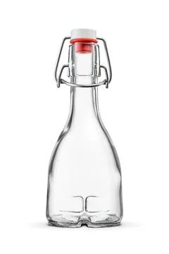 Blank rounded empty clear bottle with vintage swing top isolated on white. Stock Photos
