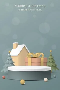 Blank rounded podium with 3D miniature model of cute christmas elements pas.. Stock Illustration
