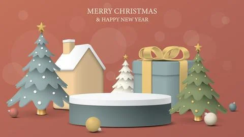 Blank rounded podium with 3D miniature model of christmas elements pastel c.. Stock Illustration