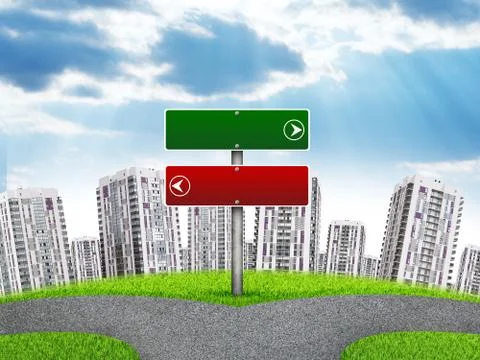 Blank route pointer against high-rise buildings, curved Earth Stock Illustration