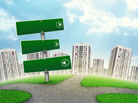 Blank route pointer against l high-rise buildings, curved Earth Illustrazione stock