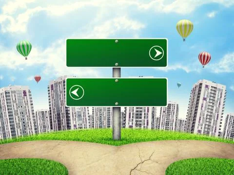 Blank route pointer against lhigh-rise buildings, curved Earth Stock Illustration