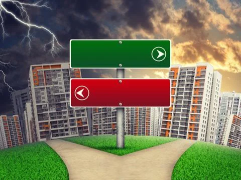 Blank route pointer against line of high-rise buildings, curved Earth Illustrazione stock