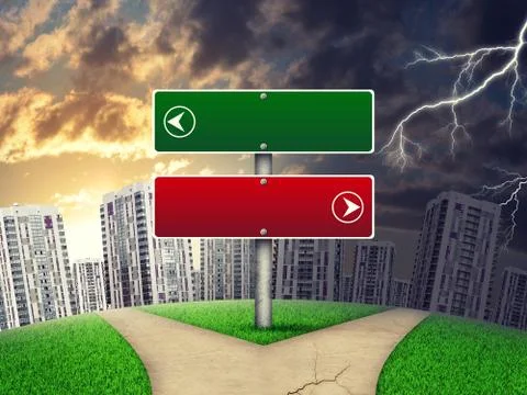 Blank route pointer against line of high-rise buildings, curved Earth Illustrazione stock