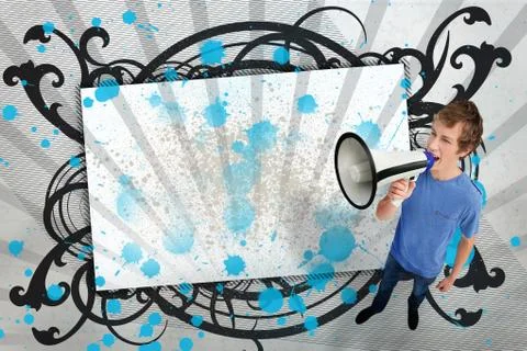 Blank screen with black artistic frame and young man shouting through megaphone Stock Illustration