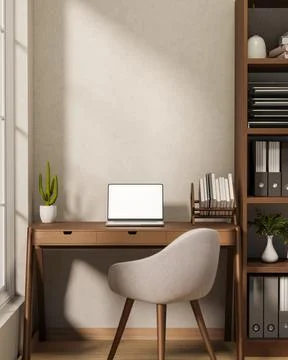 Blank screen computer and book rack on wooden table and plastic chair aside.. Stock Illustration