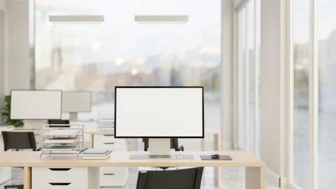 Blank screen computer and document on wooden drawer table and chair in offi.. 스톡 일러스트