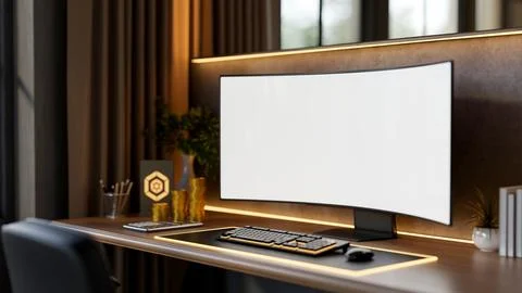 Blank screen computer and gold coins aside business award plate on wooden t.. Stock Illustration