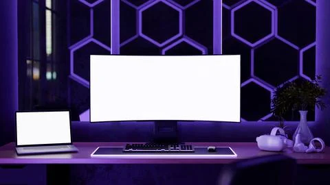 Blank screen computer and laptop with headset on wooden table with neon pur.. Stock Illustration