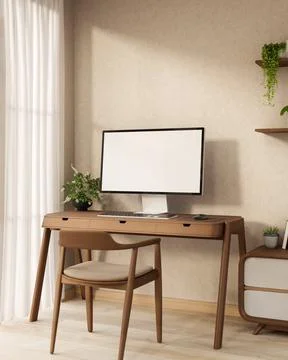 Blank screen computer and pot plant on wooden table and chair on parquet fl.. Stock Illustration