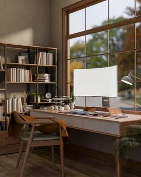 Blank screen computer and stationary on wooden table with bookshelf in a gl.. Stock Illustration