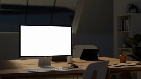 Blank screen computer and tablet with phone and coffee mug on wooden table .. 库存插图