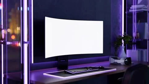 Blank screen computer and vision headset on wooden table with neon purple m.. Stock Illustration