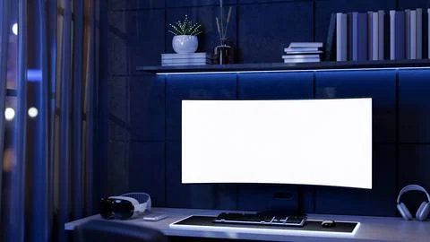 Blank screen computer and vision headset on table with neon blue backlighti.. Stock Illustration