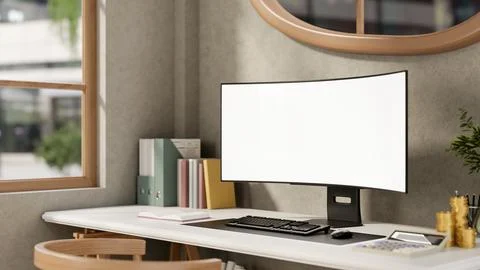 Blank screen computer aside calculator and gold coin with book and folder o.. Illustrazione stock