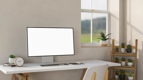 Blank screen computer aside clock and potted plant on white table aside woo.. Stock Illustration