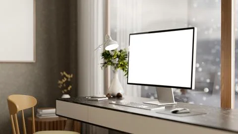 Blank screen computer on black marble table and wooden chair in front of gl.. Stock Illustration