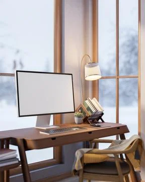 Blank screen computer with book rack on wooden table aside lamp with snow f.. Stock Illustration