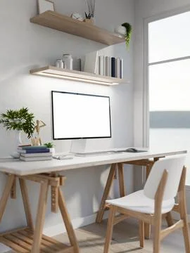 Blank screen computer with books and a wooden figure aside on white table i.. Illustrazione stock