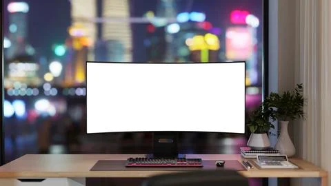 Blank screen computer with calculator and notebook on wooden desk in glass .. イラスト素材