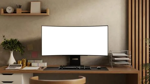 Blank screen computer with calculator, gold coin and banknote on wood table.. 스톡 일러스트