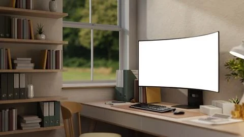 Blank screen computer with calculator, gold coin stacks and lamp on wooden .. 스톡 일러스트