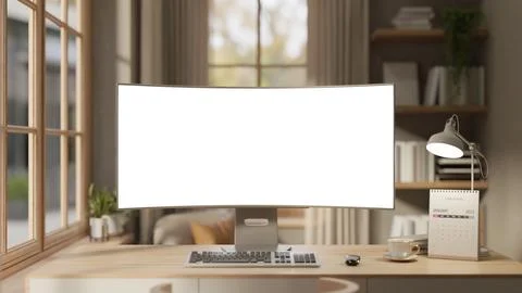 Blank screen computer with coffee and calendar aside lamp on wooden table i.. Stock Illustration