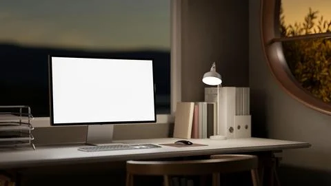 Blank screen computer with file folder and lamp on wooden table with chair .. Stock Illustration