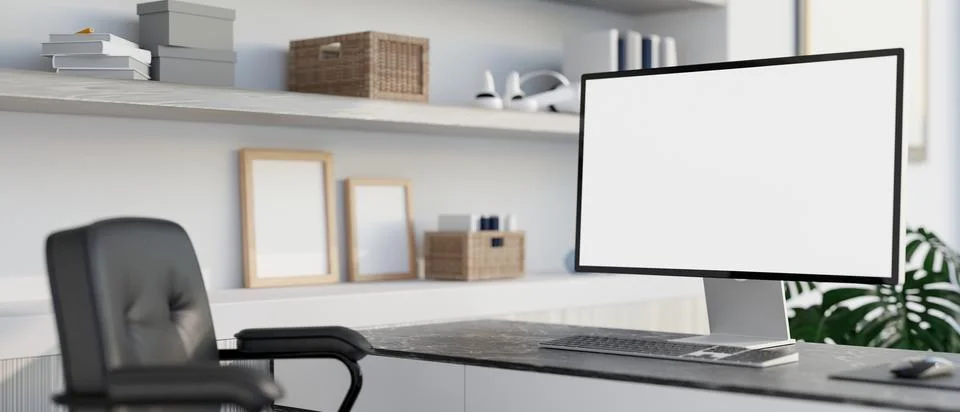 Blank screen computer on marble table and black armchair in front of a disp.. Stock Illustration