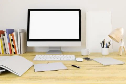 Blank screen Computer Mock up in home workpark with coffee cup and book in home Illustrazione stock