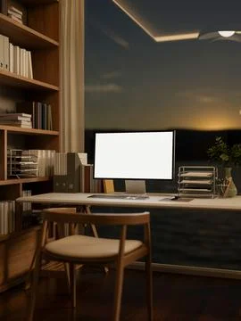 Blank screen computer on table aside bookshelf in a glass wall bedroom or l.. Stock Illustration