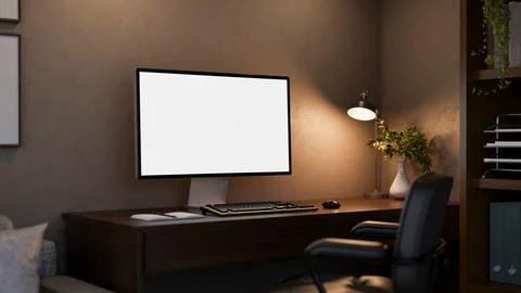 Blank screen computer under lamp light on wooden table with leather swivel .. Illustrazione stock